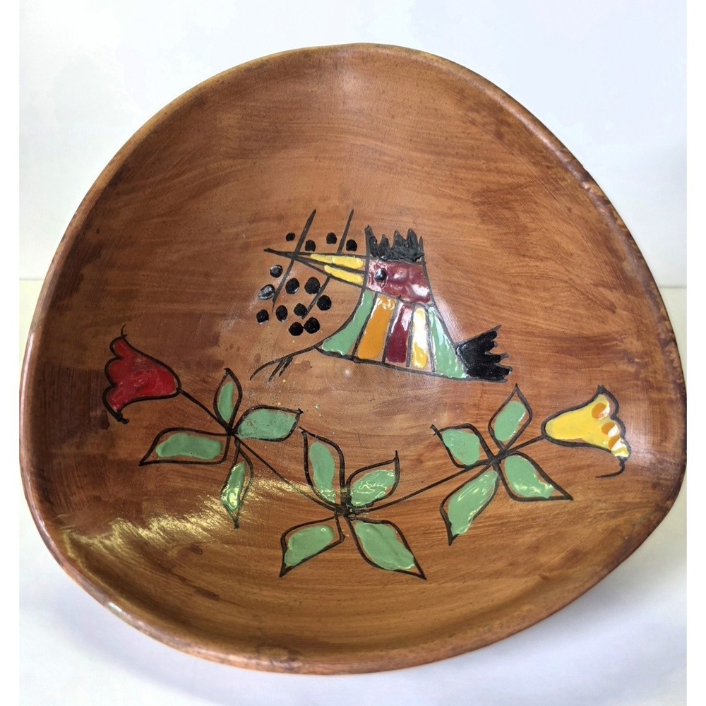 Vintage Hand Painted Ceramic Bowl Folk Art Bird Floral Rustic Fruit Decorative - Picture 2 of 6